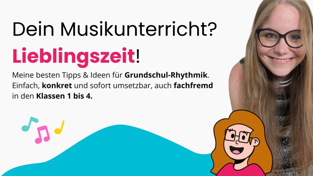 Lächelnde Musiklehrerin mit Brille und bunten Noten